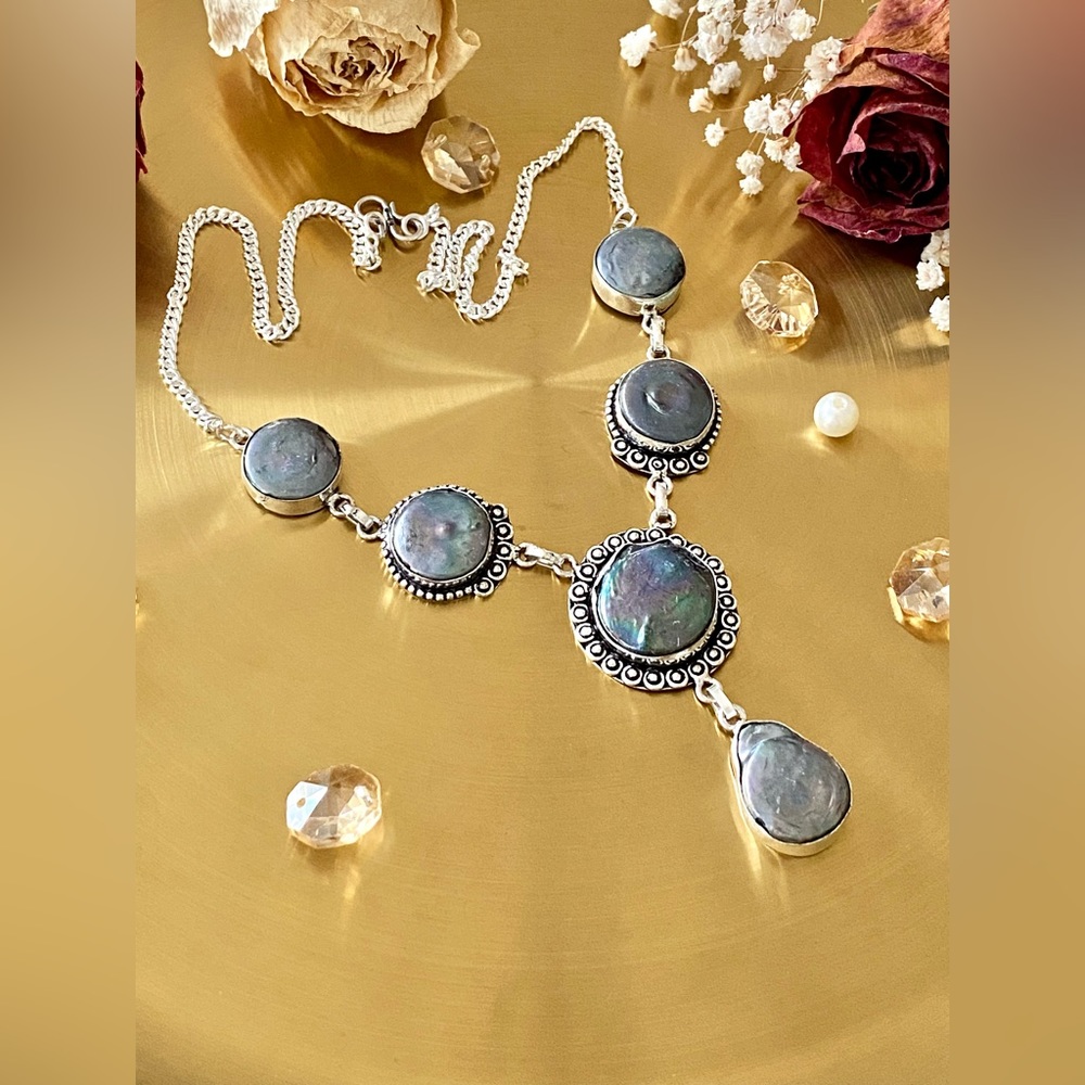 Gray Biwa Pearl Handcrafted Dangling Necklace - Picture 1 of 10